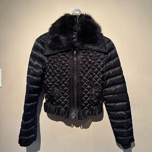 bebe Black Quilted Puffer Jacket with Faux Fur Collar
